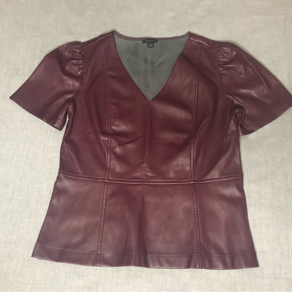 Ann Taylor Faux Leather Puff-Sleeve Peplum Top Size Small